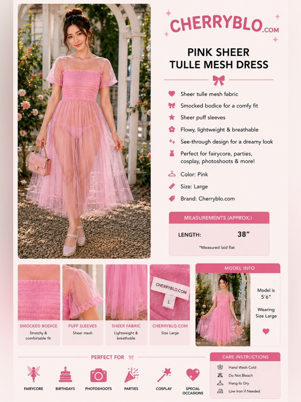 Cherryblo Pink Tulle Mesh Puff Sleeve Fairycore Midi Dress Size Large